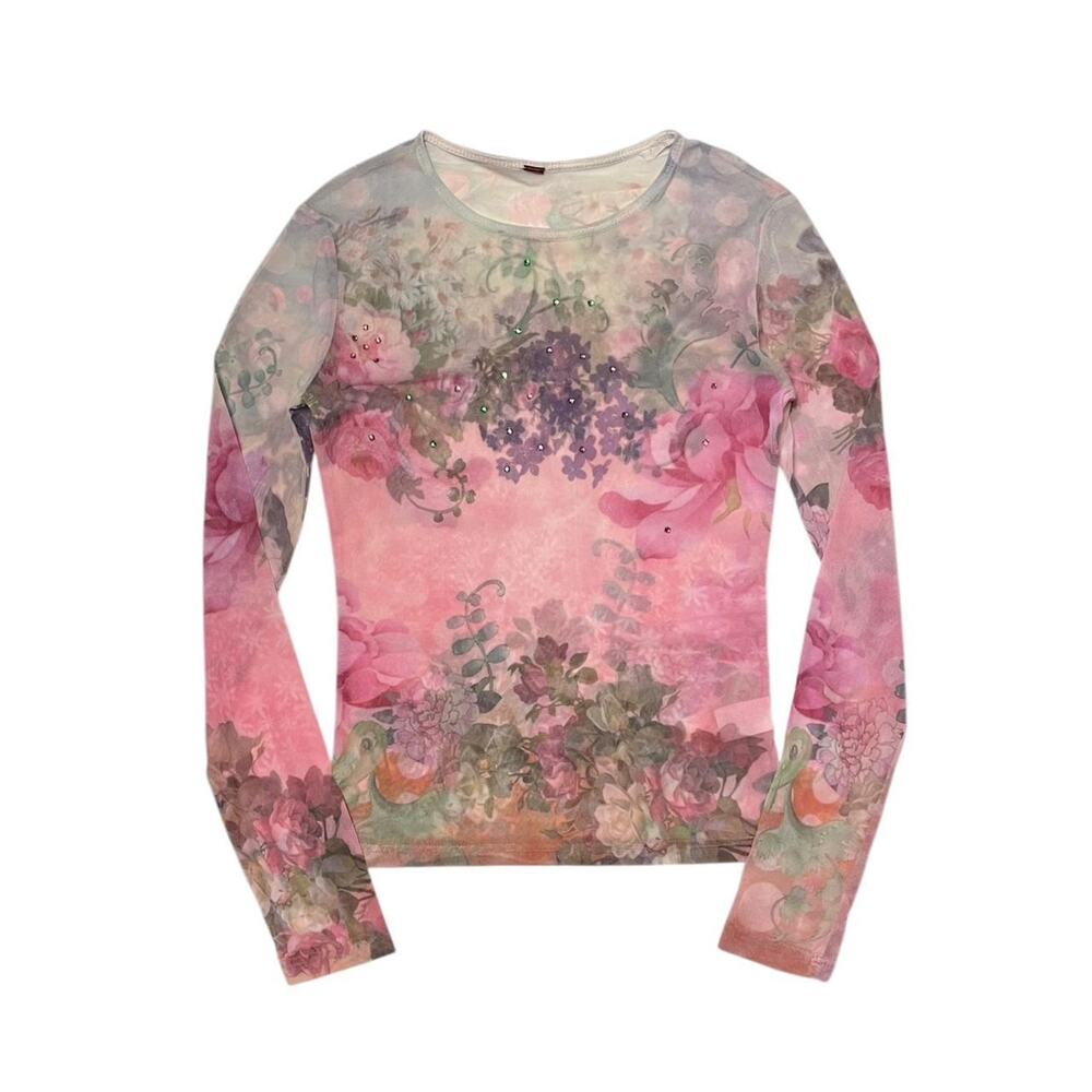 RARE VTG Just in Time Sheer Micro mesh long sleeve floral fairy top Size M